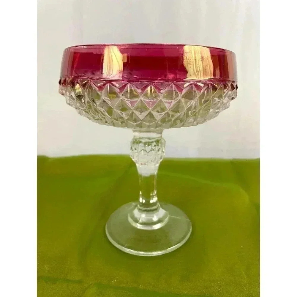 VTG Clear Pressed Indiana Glass Diamond Point Candy‎ Dish Ruby Red 7”